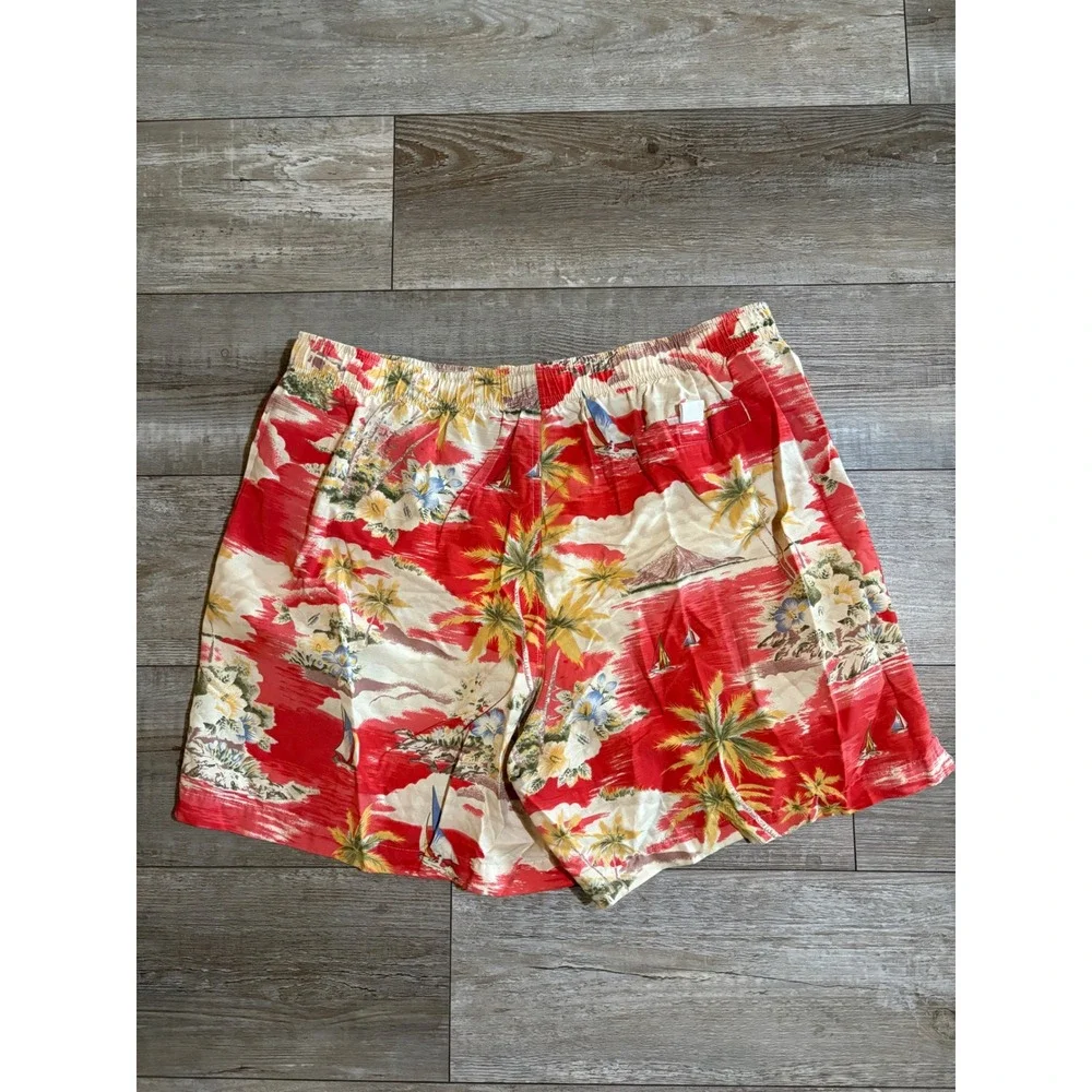Lands'‎ End Swim Trunks Mens XL Red Tropical Palm Tree Floral Hawaiian Print